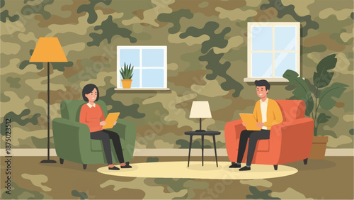 A couple sits in armchairs with tablets in a room decorated with a bold camouflage pattern