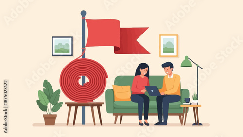 A couple sits on a couch with a laptop next to a giant coiled red flag, symbolizing a long-term goal
