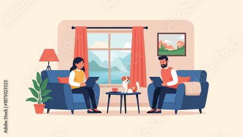 A couple sits in armchairs with tablets and their dog in a cozy living room with a mountain view