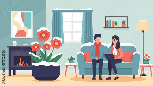 A couple sits on a sofa with a laptop in a cozy living room strangely covered in snow