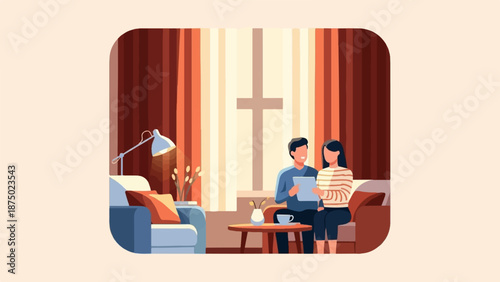 A couple studies together in a cozy living room with a cross visible in the sunlit window
