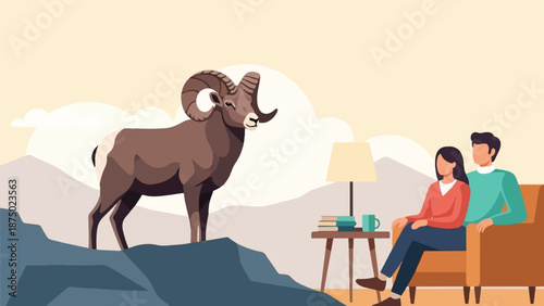 A couple watches a bighorn sheep from their living room in a surreal mountain landscape