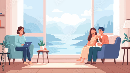 A couple with a dog and a woman on a laptop relax in a living room with a scenic mountain view