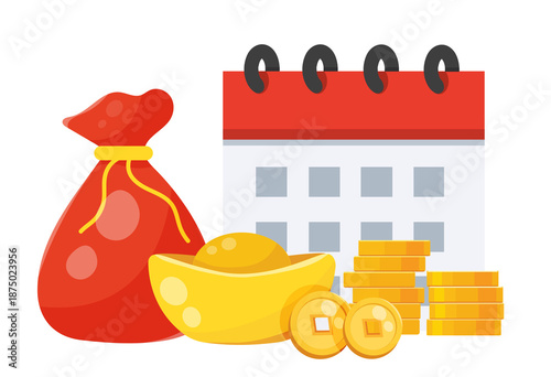 Red Fortune Money Bag with Gold Ingots and Coins