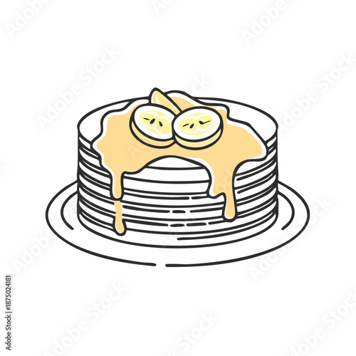 Illustration of Pancake Stack with Sliced Banana and Maple Syrup