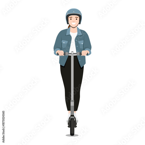 Smiling Woman Riding Electric Scooter with Helmet. Flat vector illustration isolated on white background
