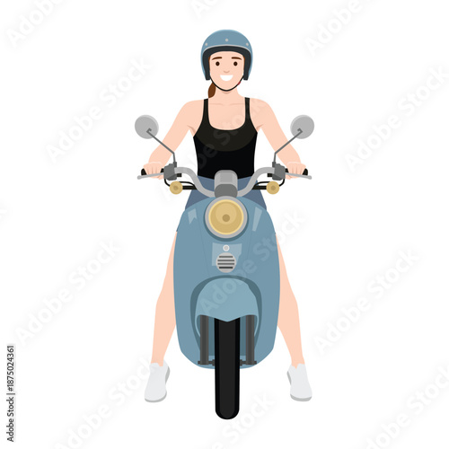 Smiling Woman Riding Scooter with Helmet Front View. Flat vector illustration isolated on white background