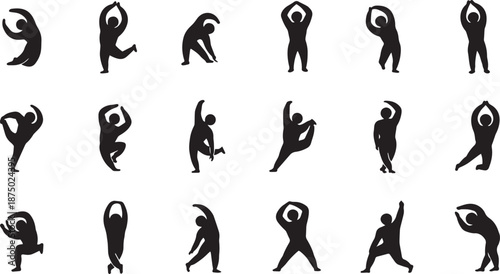 Playful Human Silhouette Leg Stretching Pose Bundle, Flat Vector People Icons for Flexibility, Body Movement, Warm Up Exercise and Wellness Illustration