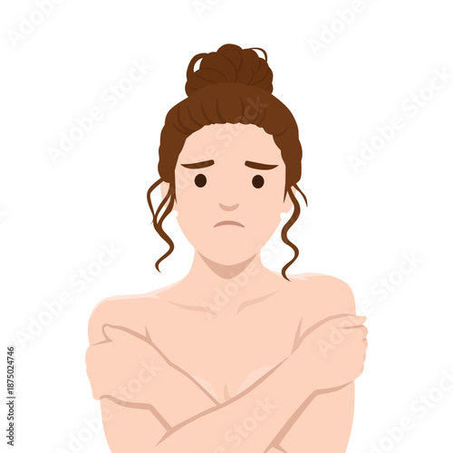 Sad Woman Hugging Herself in Vulnerable Emotional State. Flat vector illustration isolated on white background