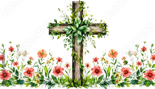 Christian cross with flowers Easter religious symbol PNG