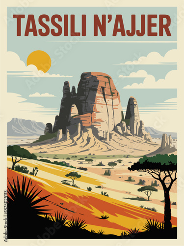 Vintage travel poster of Tassili n Ajjer showing desert plateau, dramatic rock formations, and ancient cave art in soft retro geometric vector style.