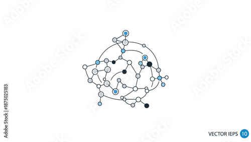 Vector illustration of an electron orbiting a molecular structure with blue and black atoms on a white background.