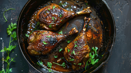 French Canard à l'Orange: Roasted duck leg with a glossy citrus glaze and fresh herbs. Classic French fine dining poultry dish for gourmet holidays.