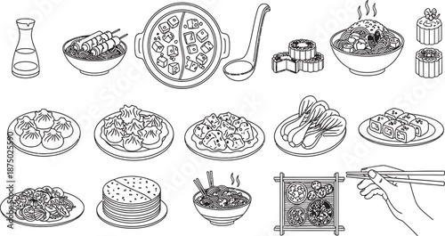 Delicious asian food dishes and ingredients illustration