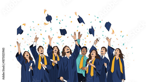 A group of young adults in graduation gowns and yellow sashes throwing caps in the air with confetti on a white background, conveying a happy graduation mood with a celebratory feel.
