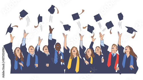 A group of diverse graduates in academic regalia joyfully tossing their caps in the air, celebrating a happy graduation against a clean white background with a joyful and celebratory mood.