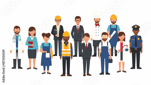 Illustration of diverse professionals in various occupations standing together in a row on a white background with a flat, colorful style.