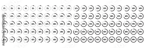 Percentage loading icons. Set of 1% to 100% circular progress indicators in black. Progress bars. Pie charts indicator. Round graph loading progress set. Vector illustration.