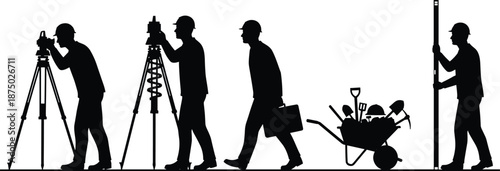 Construction workers silhouette sequence surveying equipment wheelbarrow teamwork civil engineering site workflow industry labor measurement tools concept infrastructure development planning 