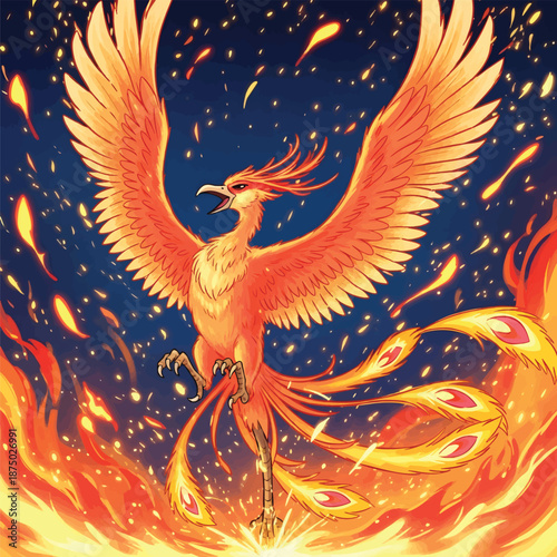 Majestic Phoenix Bird Rising from Fiery Golden Flames