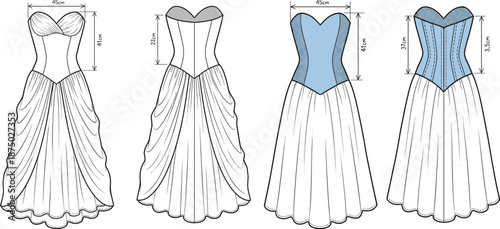 Fashion, illustration, of, elegant, corset, gown, dress, technical, sketch, with, front, and, back, views, detailed, measurements, bridal, evening, wear, pattern, design, blueprint, vector, drawing