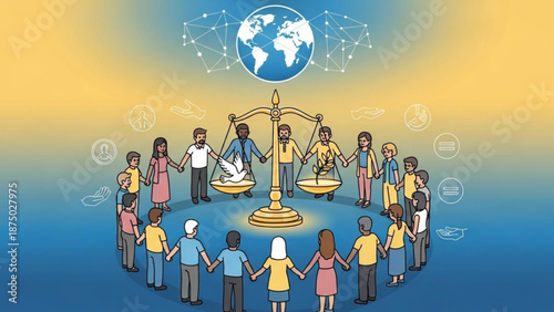Diverse people holding hands around scales of justice and globe symbolizing global unity and equality vector illustration for human rights