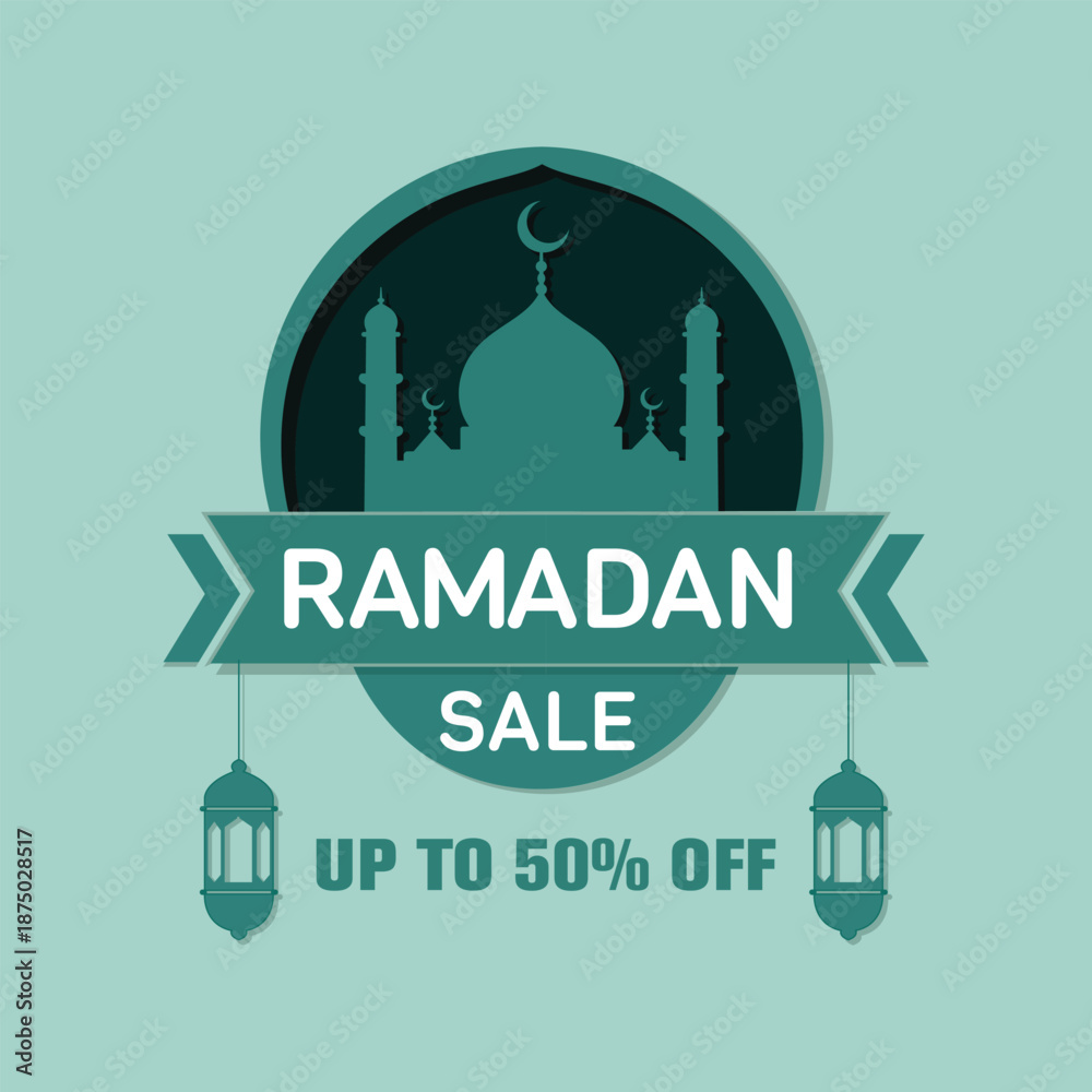 Fototapeta premium Ramadan sale banner with mosque and lanterns