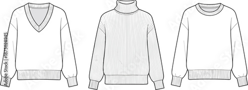Minimal sweater fashion illustration, knitted pullover collection, vector line art clothing design, winter apparel set, v neck turtleneck crewneck tops, flat technical drawing