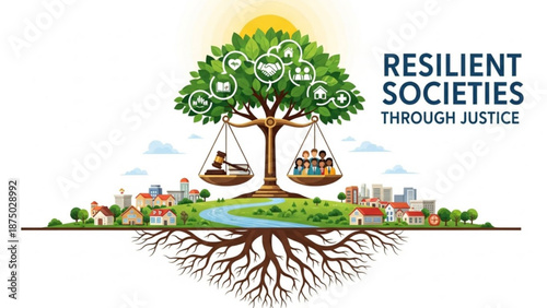 Resilient societies through justice concept illustrated by a tree of life with scales of justice and community icons representing balance and growth