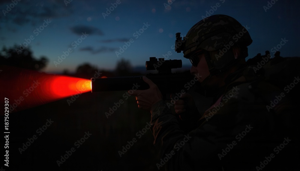 Naklejka premium Shadowed Sentinel: A soldier, silhouetted against the night sky, expertly aims a rifle, its illuminated sight painting a stark contrast in the darkness.
