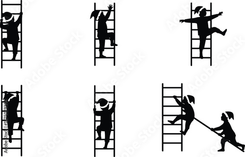 Silhouette people climbing ladder, falling and helping teamwork concept, career growth challenge, risk management, success and failure illustration, business motivation metaphor, isolated 