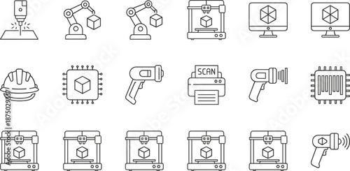 Smart manufacturing and industrial automation line icons set, robotic arms, 3D printers, barcode scanners, quality control, factory technology workflow illustration