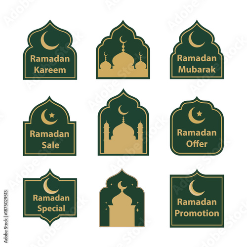 Ramadan themed labels and badges with Islamic architecture motifs