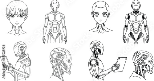 Scifi robot outline set featuring humanoid anime faces and full mechanical bodies for graphics projects