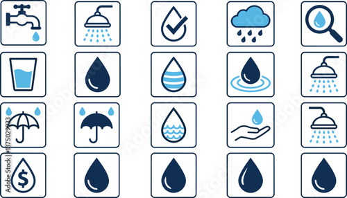 Water drop icon set, blue hydration symbols, rain shower faucet glass umbrella hand water concept, flat line vector design, clean minimal UI illustration