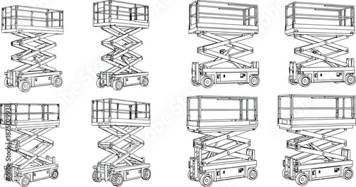 Scissor lift illustration showing construction platform machinery for engineering or maintenance operations with outline