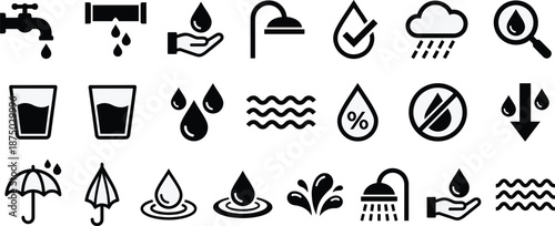 Water icons set, clean liquid symbols, tap shower rain drops glasses waves umbrella splash humidity percentage vector illustration isolated black white design collection minimal