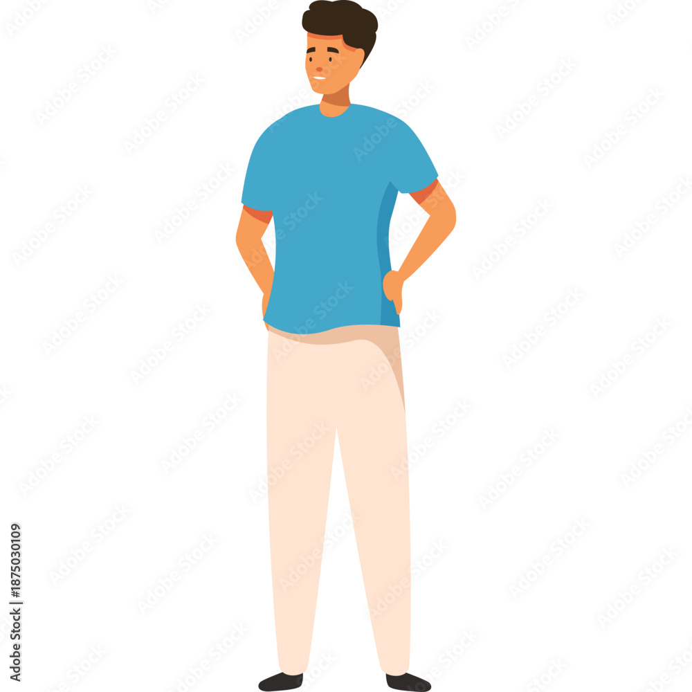 Fototapeta premium Young man in blue t-shirt and beige pants standing with hands on hips