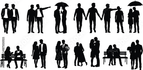 Set of couple silhouette illustrations, different poses including walking, hugging, umbrella, and sitting