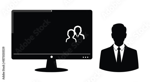 A businessman stands beside a computer displaying a group of people a striking silhouette