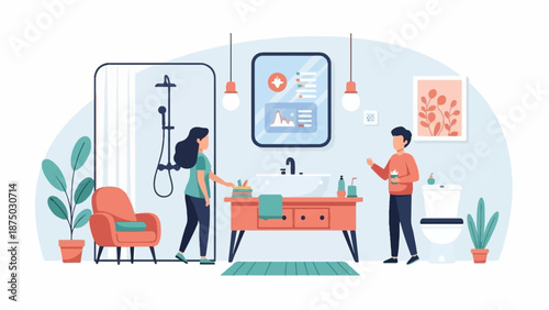 A flat illustration of a couple in a modern smart bathroom with connected technology and plants