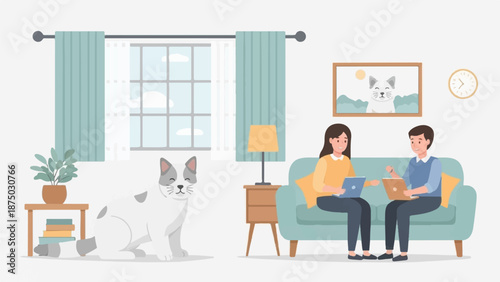 A flat illustration of a couple on a couch with laptops and their pet cat in a cozy living room