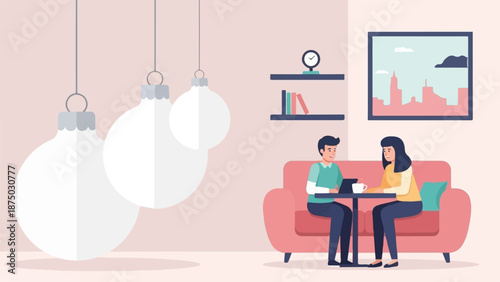 A flat illustration of a couple on a pink sofa, chatting over coffee with a laptop in a cozy room