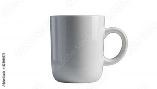 Simple and clean white ceramic coffee mug shown in profile perfect for branding mockups on transparent background