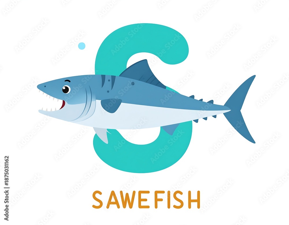 Obraz premium A cartoon shark with a teal swirl and text