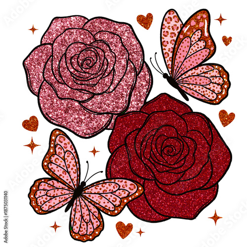 Red Glitter Roses and Leopard Print Butterflies Sublimation Design