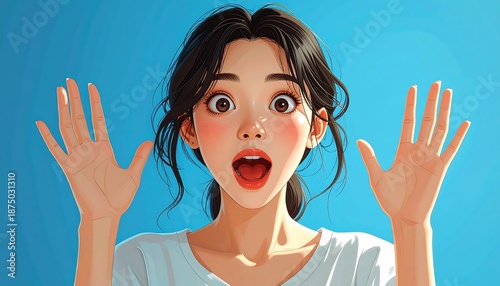 Surprised young woman with hands up.