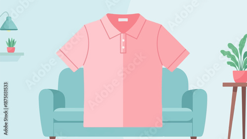 A flat illustration of a pink polo shirt hanging in front of a teal couch in a modern living room