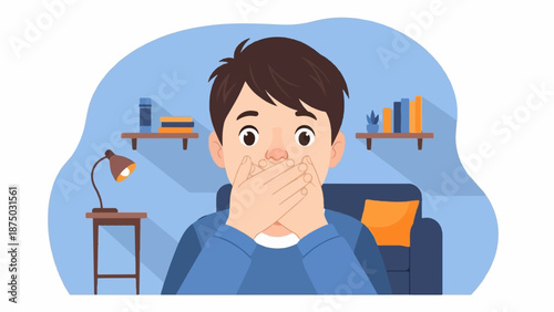 A flat illustration of a surprised boy with wide eyes covering his mouth with both hands at home