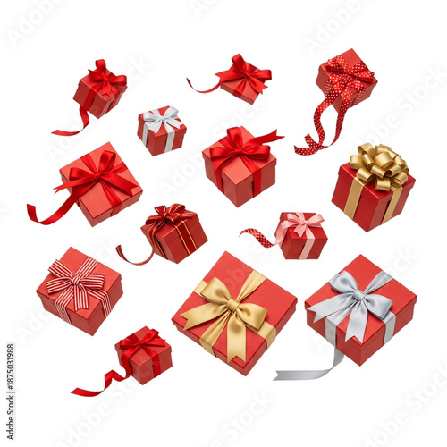 Collection of red gift boxes with ribbons and bows scattered and floating